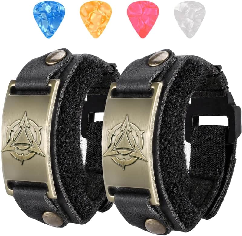 2PCS Rock-house Guitar String Mute Dampener, Guitar Mute Strap, Guitar Fret Wrap Muffler Cover Tape Noise Reducer, black Leather with Metal Totem Accent, spike(h ci? image 1