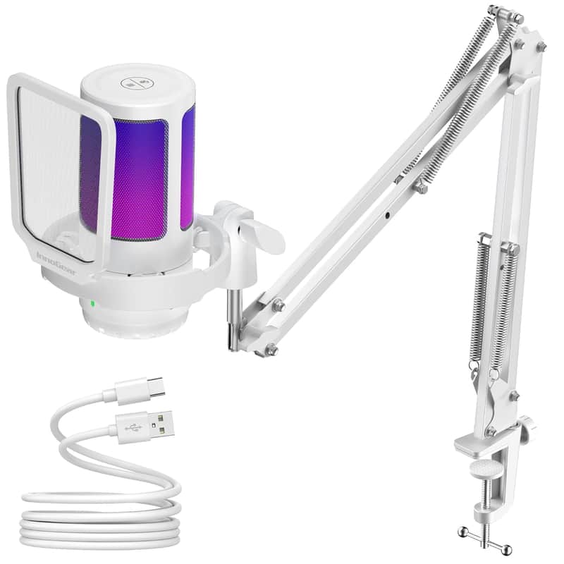 Gaming Usb Microphone, Noise Cancellation Condenser Mic With Mute, Gain, Rgb Indicator, Boom Arm Stand For Streaming, Podcast, Twitch, Youtube, Discord, Pc, Computer, Ps4, Ps5, Mac, White image 1