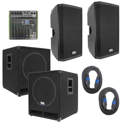 Riot-15P PA DJ Package - Pair of15 Inch Passive 2-Way 900 Watt PA /DJ Speaker Cabinets, Pair of Powered 15 Inch Subwoofers, 10 Channel Mixer and Pair of 10 Foot Speaker Cables image 1