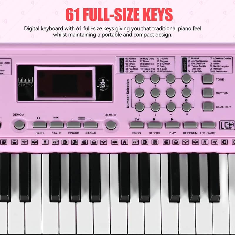 61-Key Digital Piano for Kids - Pink Keyboard with Stand, Microphone, and Educational Features image 1