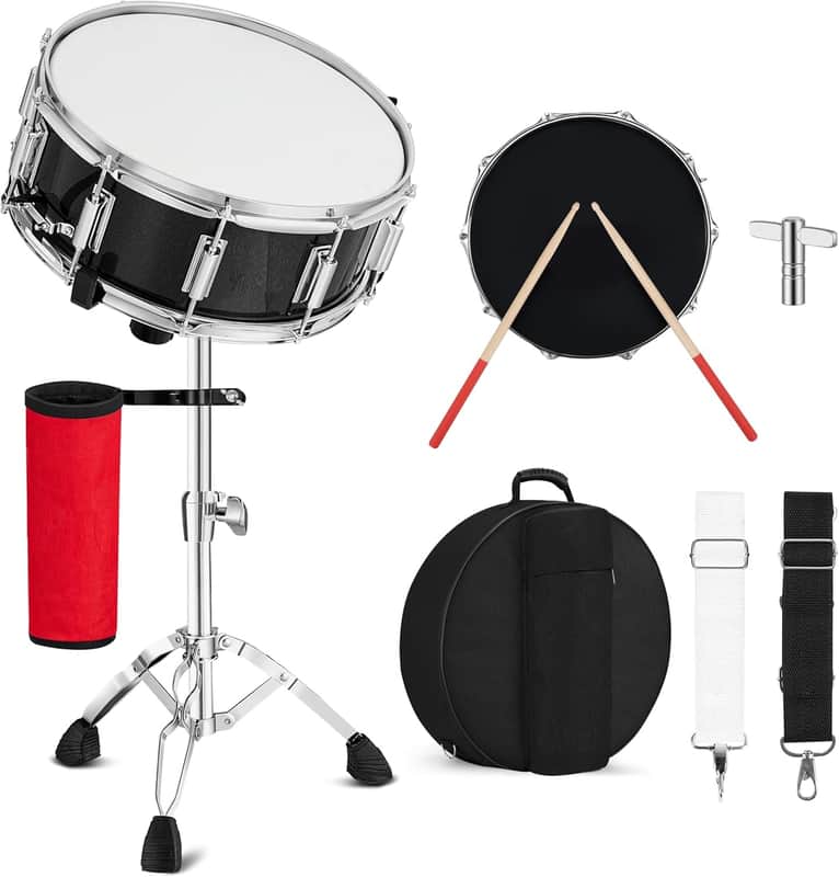 Snare Drum Kit with Head 14" x 5.5" Student Marching School Band Beginner Practice Snare Drum with Stand, Drumstick Holder, Padded Gig Bag, Mute Pad, Neck Strap, and 5A Drum Sticks, Black image 1