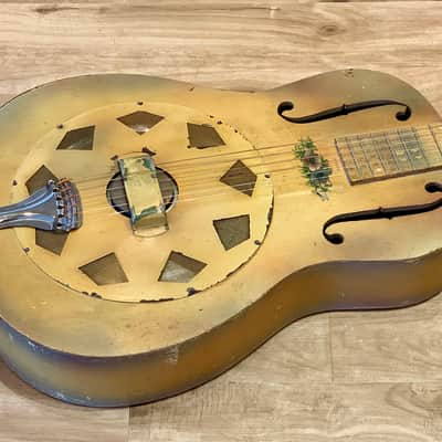 National Triolian "Anemone Bouquet" 1928 Yellow, very early wood body Tricone resonator guitar. image 7