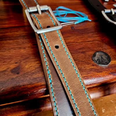 Hand Made, Hand Stitched Guitar strap "Rockatansky" in Taupe & Turquoise- Vegetable Tanned Leather image 11