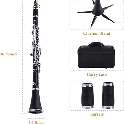 Clariet for School Band Orchestra adult kid with Hard Foam Case,Barrels*2,Pads*8,Stand, Cleaning Kit,Gloves,Strap image 2