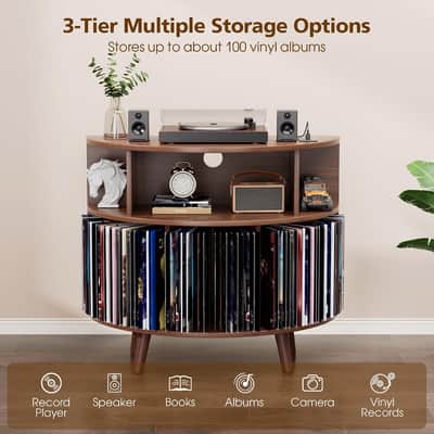 31.5" Mid-Century Record Player Stand w/ Power Outlet & 100+ Vinyl Record Storage – Walnut image 2