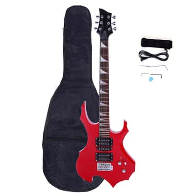 Cxxss Novice Flame Shaped Electric Guitar HSH Pickup Bag Strap Paddle Rocker Cable Wrench Tool - Red image 13