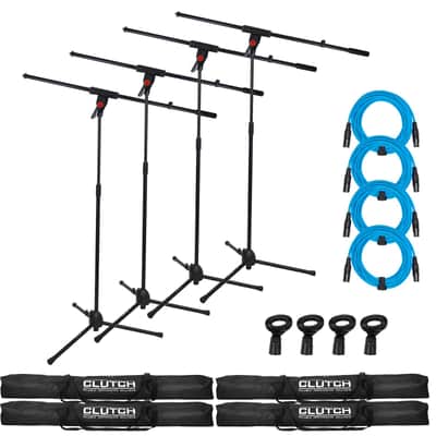 Pro Audio DJ Microphone Boom Stands w Blue XLR Cables, Clips & Bags 4 Pack image 1