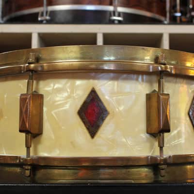 1930s Leedy 5x14 Broadway Snare Drum in White Marine Pearl Full Dress image 4