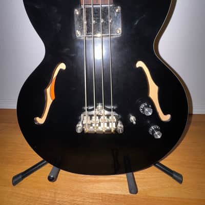 1997 Epiphone Rivoli Bass – Ebony Black Semi-Hollow, Cream Binding, Excellent Condition + Custom Strap & New Case image 11