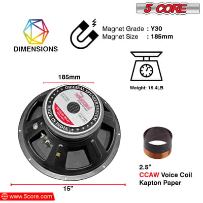 5 Core 15 inch Subwoofer with PA DJ Speaker 250W RMS, 2500W PMPO, 2.5" Voice Coil Bild 5