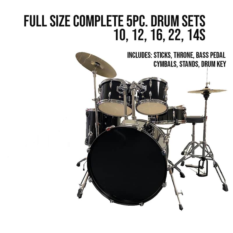 5 pc. Complete Drum Kit w/Hardware, Cymbals, Throne - Black Metallic image 1