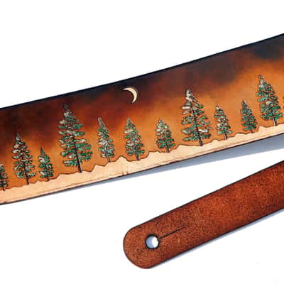 Burny Black Custom Guitar Strap - Pine trees Forest - Vegitable tanned leather For Acoustic or Electric Guitars made to order - oil image 10