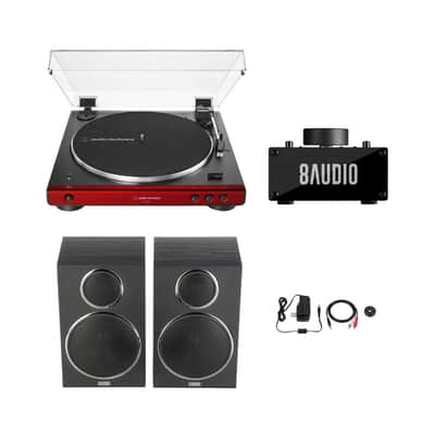 Audio-Technica AT-LP60XBT Bluetooth Turntable (Red) and Desktop Amplifier Bundle image 1