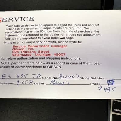 Gibson 1969 ES-335TD Hang Tag Manual for serial number 812407 1969 image 6