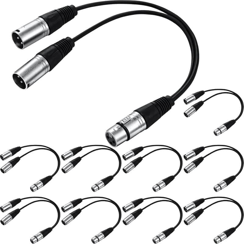 XLR Splitter Cable 1 XLR Female to 2 XLR Male Patch Y Cable Balanced Microphone Splitter Cord Audio Adaptor XLR Y Splitter Microphone Cable for Stereo Mic to L and R Audio Track, 1 Foot (10 Pcs) image 1