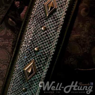 Well-Hung "Surf Diamonds" - 3" wide padded black leather comfort strap with turquoise python and metalwork image 5