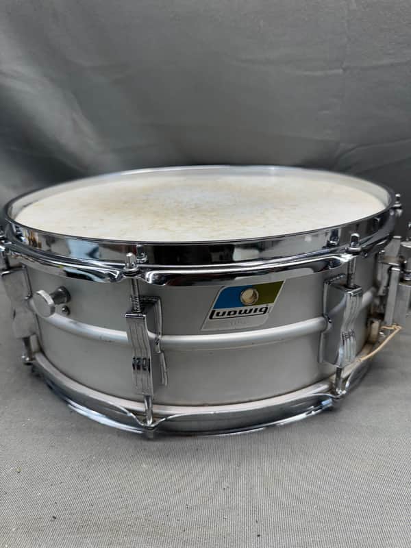 Vintage Ludwig Acrolite Aluminum Snare Drum 8 Lug 14x5” Blue Olive Badge 1976 76 Acrolite 1979 - Brushed Aluminum image 1