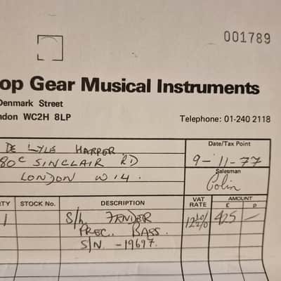 Fender Precision Bass 1957 Artist Owned Ex David Coverdale, Stealers Wheel - Telecaster Headstock, dash serial number, factory natural vintage 50s P-bass, sales receipt image 3
