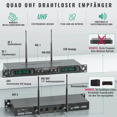 Phenyx Pro Wireless Microphone System, 4-Channel UHF Cordless Mic Set With Four Handheld Mics, All Metal Build, Fixed Frequency, Events (PTU-5000A) image 2