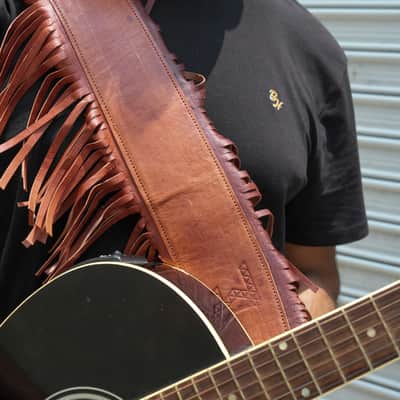 Leather Guitar Strap 3 Inches Wide Padded Soft Western Style Fringes Acoustic Electric Bass Straps BROWN image 3