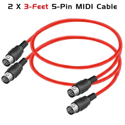 3.3 Feet 2-Pack MIDI Cable Male to Male 5-Pin DIN Compatible with MIDI Keyboard/Synthesizer/Guitar Multi Effects/Audio Interface/Audio Mixer/Audio Amplifier/External Sound Card/Red image 5