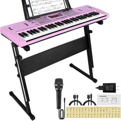 61-Key Digital Piano for Kids - Pink Keyboard with Stand, Microphone, and Educational Features image 3