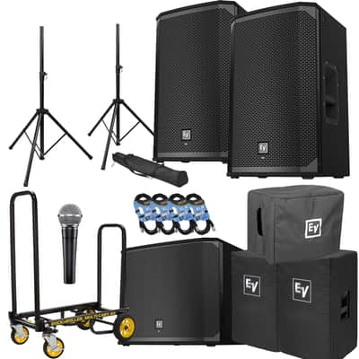 (2) EV EKX-12P Powered Speaker, EV EKX-15SP Sub, (2) EKX12 Cover, EKX15SP Cover, Rock-N-Roller R2RT, SM58 Mic, (2) Speaker Stands, (4) XLR Cables Bundle image 1