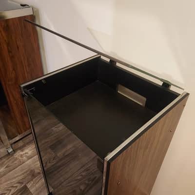 Vintage Fisher RA-128-2 Stereo Cabinet Wood Laminate Glass Door Open Top Wheels image 3