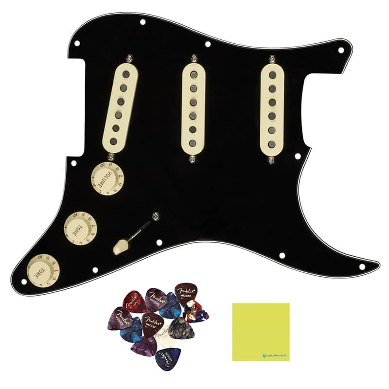 Fender Pre-Wired Strat® Pickguard, Texas Special SSS, Black, 0992342506 Bundle w/ 12x Fender Picks and Liquid Audio Polishing Cloth image 1