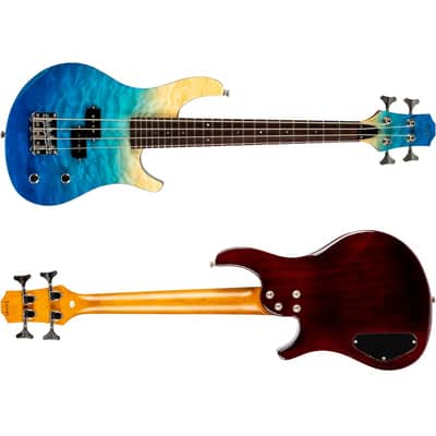 Flight Mini Bass (TBL) Solid Body Transparent Blue New - gradient blue finish on a quilted maple top image 5