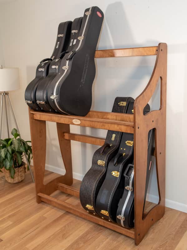 "Case Place" double level storage rack for acoustic, electric, bass, and other instrument cases BROWN image 1