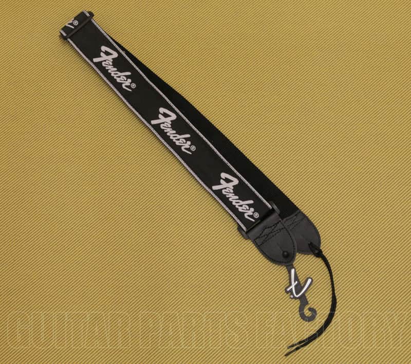 099-0671-099 Fender 2" Wide Running Logo Guitar Strap - Leather Tabs Black image 1