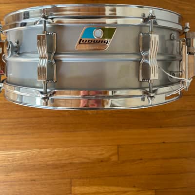 Ludwig L-404 Acrolite 5x14" 8-Lug Aluminum Snare Drum with Rounded Blue/Olive Badge 1979 - 1993 - Gray image 2