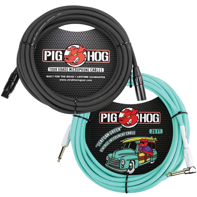 Special  OFFER! 2 Pack Pig Hog PHM25 Microphone Cable 25 Ft, PCH20SGR Guitar Cable 20ft image 1