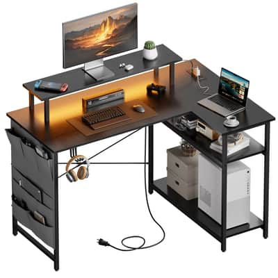 L-Shaped Music Studio Desk with LED Lighting & Power Outlets – Producer Workstation with Storage image 1
