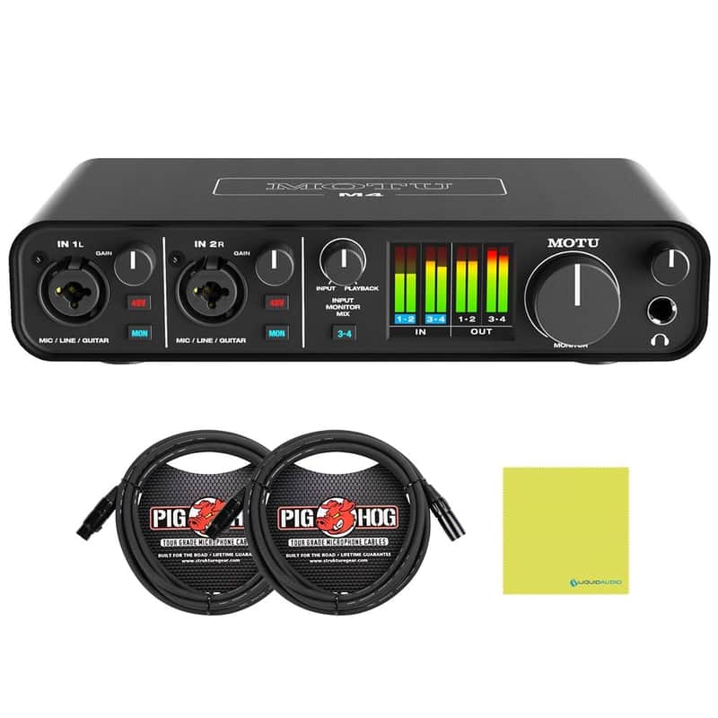 Mint MOTU M4 4x4 USB-C Audio Interface Bundle with 2x Pig Hog 10ft XLR Tour Grade Microphone Cables & Polishing Cloth â€“ 24-bit/192kHz Recording, ESS Sabre32 Ultra DAC image 1