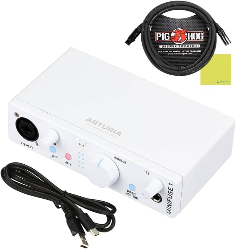 Arturia MiniFuse 1 USB Audio Interface, White Bundle with Pig Hog PHM10 8mm 10ft XLR Microphone Cable and Liquid Audio Instrument Polishing Cloth - Portable Audio Interface for PC, Mac image 1
