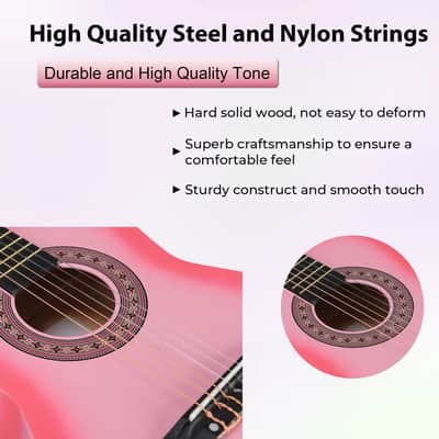 ADM Beginner Acoustic Classical Guitar 34 Inch Nylon Strings Wooden Guitar Bundle Kit for Kid Boy Girl Student Youth Guitarra Online Lessons with Gig Bag, Strap, Tuner, Strings, Picks, Pink image 6