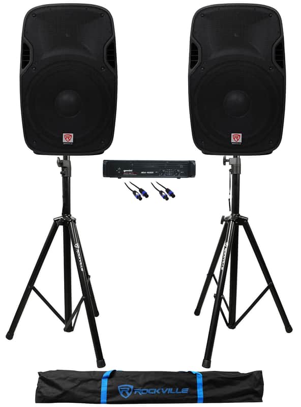 2) Rockville SPGN154 15" 1600w DJ/Pro PA Speakers+Gemini Amplifier+Stands+Cables image 1