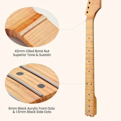 Electric Guitar Neck, 12"-16" Compound Radius, One-Piece Flame Canadian Hard Maple, 22 Stainless Steel Frets (2.4x1.4mm), Oiled Bone Nut 42mm, Matte Finish image 4