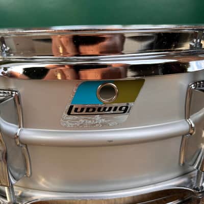 Ludwig No. 404 Acrolite 5x14" 8-Lug Aluminum Snare Drum with Pointed Blue/Olive Badge Late 1970s - Matte Aluminum image 2