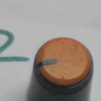 two used genuine Boss DF-2 KNOB, fits split shaft shaft (stem) mid 1980s/early 1990s - TOP: orange with black marker // SIDES: black // hard plastic (NO: pedal/other items) TOP side: some short scratches & few nicks / BLACK areas: few scratches image 15