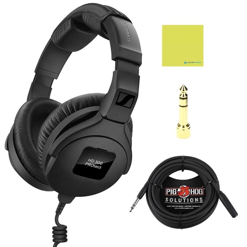 Mint Liquid Audio Senn heiser HD 300 PROtect Professional Closed-back Audio Headphones, Black Bundle w/Pig Hog PHX14-25 1/4" Headphone Extension Cable Polishing Cloth image 1