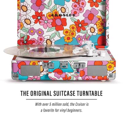 Crosley CR8005F-GF Cruiser Plus Vintage 3-Speed Bluetooth in/Out Suitcase Vinyl Record Player Turntable with Built-in Speakers - Groovy Floral image 2