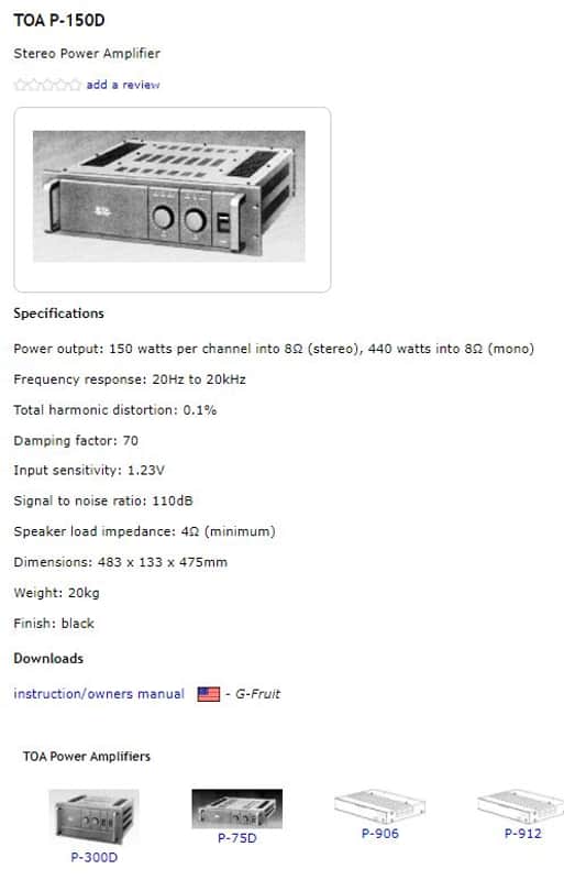 TOA P150D Power Amplifier (150wpc @ 8ohm, 220wpc @ 4ohm) - See