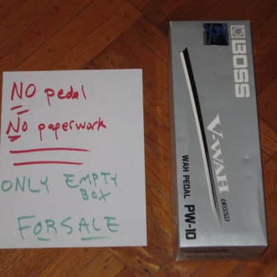 used (less than light average wear) Boss EMPTY Box for PW-10 V-Wah (NO pedal, NO Owner's Manual, NO Oother paperwork) 2000s (specifically July 2004) - LID: thin stiff paper material / GRAPHICS: gray, white & black / Bottom Part: cardboard (mostly white) image 2