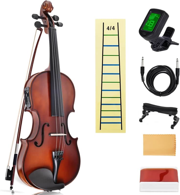 Electric/Acoustic Violin with Ebony Accessories - Perfect for Stage & Practice with Carrying Case, Violin Bow, Bridge, Rosin, Shoulder Rest, Stickers, Tuner, Instruction, Handcraft with Maple, Spruce image 1