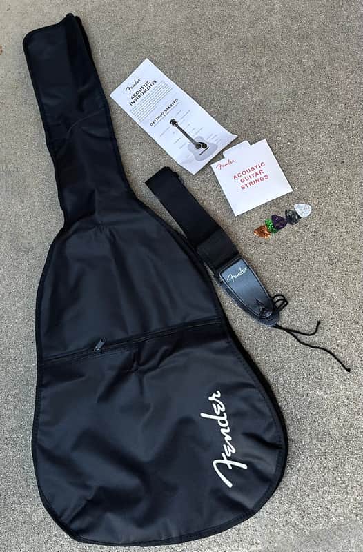 Fender Dreadnought Gig Bag w/ Acoustic Guitar Strings, Picks, Guitar Strap - Black image 1