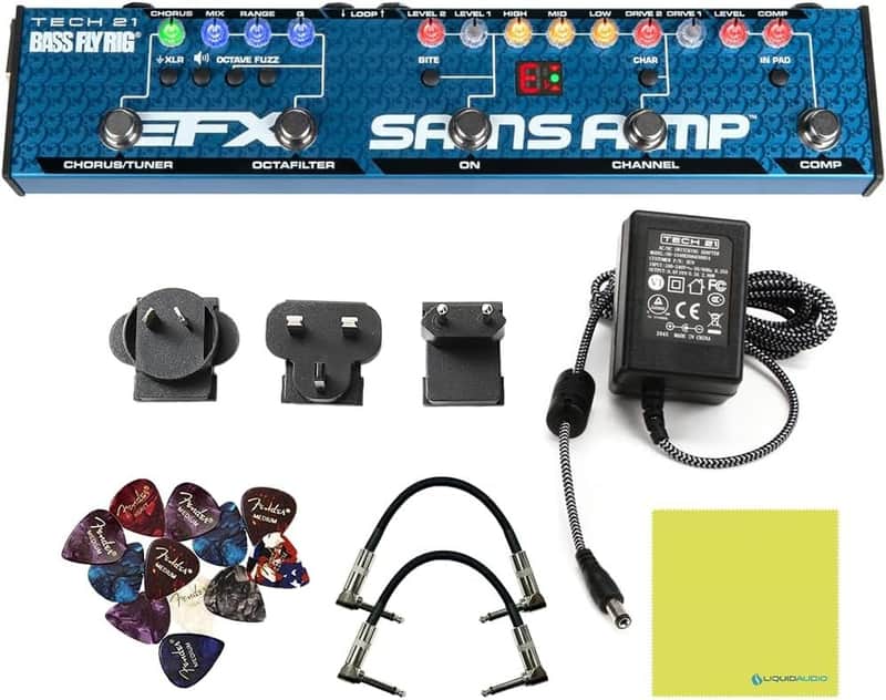Mint Tech 21 FR-BASS-V2 SansAmp Bass Fly Rig V2 Bundle w/ 2x Strukture S6P48 Woven Right Angle Patch Cables, 12x Fender Picks and Liquid Audio Polishing Cloth image 1