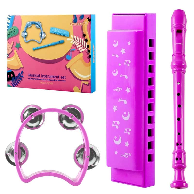 3-Piece Pink Musical Instrument Set with Harmonica, Flute & Tambourine – Kids Beginner Gift Set